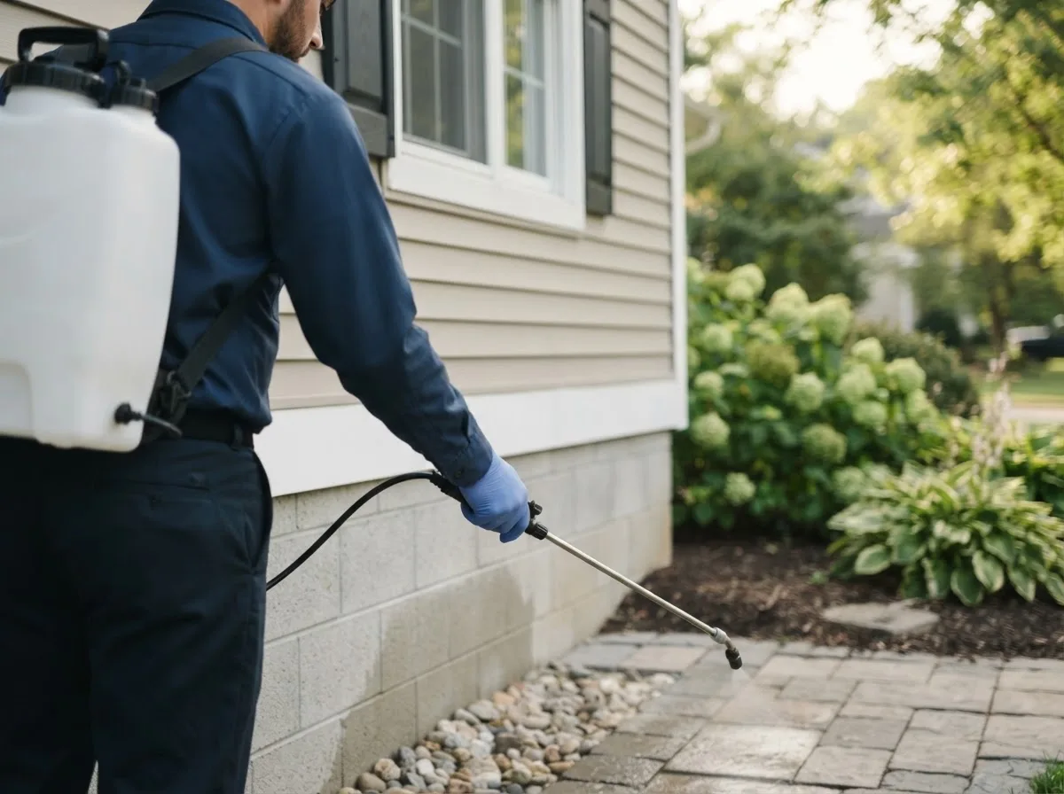 Pest control technician inspecting a home in Milledgeville, OH